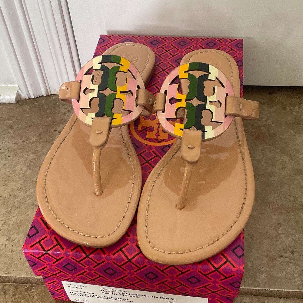 Tory Burch Miller Sandals Pastel Rainbow/Natural Vaccheta Patent Leather size 9